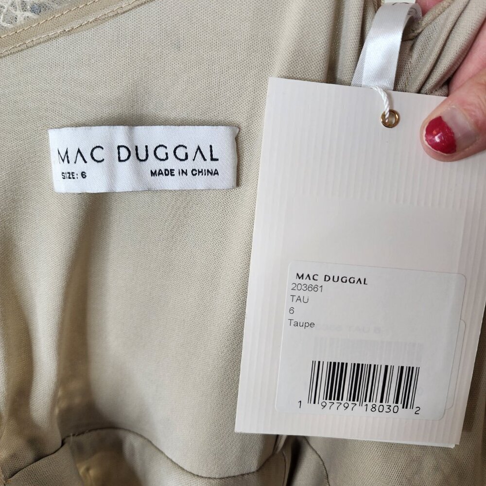 NWT Mac Duggal Embellished Wrap Over Long Sleeve Midi Dress Taupe Size 6 - Picture 13 of 14